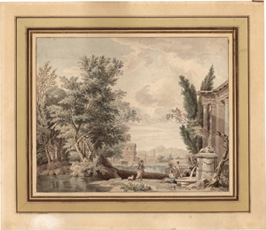 Lot 6686, Auction  118, Moucheron, Isaac de, Rastende am Wasser mit Tempelarchitektur vor einer antiken Stadtansicht