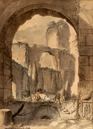 Lot 6687, Auction  118, Lebarbier d. Ä., Jean Jacques François, Blick auf eine antike Ruine mit Trauernden an einem Grabmal