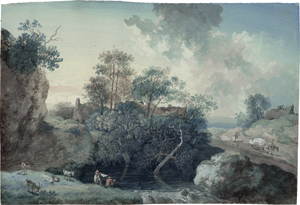 Lot 6696, Auction  118, Wagner, Johann Georg, Hügelige Landschaft mit einem Gehöft; Felsige Landschaft mit Ziegenhirten an einem kleinen Wasserfall bei einem Teich