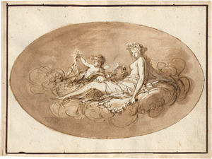Lot 6709, Auction  118, Italienisch, um 1780. Blumengeschmückte Nymphe auf Wolken mit kleinem Putto