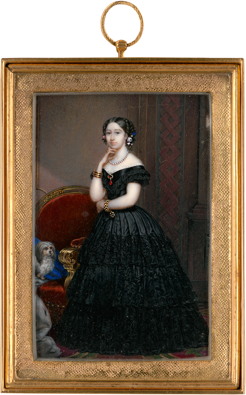 Lot 6562, Auction  118, Deutsch, um 1850. Miniatur Portrait in Ganzfigur einer stehenden jungen Adeligen in schwarzem Kleid mit Hund