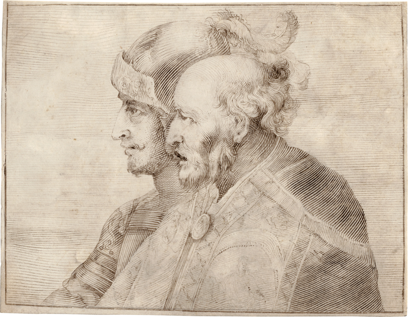 Lot 6611, Auction  118, Niederländisch, um 1630. . Doppelbildnis eines Feldherrn und eines Geistlichen im Profil nach links 