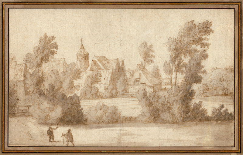 Lot 6613, Auction  118, Flämisch, 17. Jh. Blick auf ein Dorf, im Vordergrund zwei Wanderer
