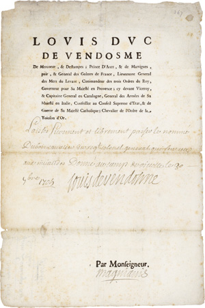 Lot 2593, Auction  119, Vendome, Louis-Joseph Herzog von, Signiertes Schriftstück 1705