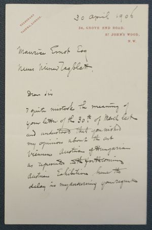 Lot 2607, Auction  119, Alma Tadema, Sir Lawrence, Brief 1906 an das Neue Wiener Tagblatt
