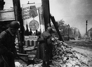 Lot 4113, Auction  119, Chaldej, Jewgeni, Battle of Berlin, Russian soldiers fighting near Belle-Alliance Platz, Berlin; Destroyed Gestapo headquarters, Berlin