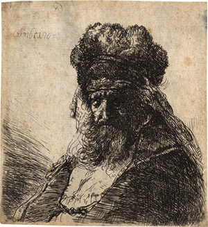 Lot 5208, Auction  119, Rembrandt Harmensz. van Rijn, Niederblickender Greis in hoher Pelzmütze