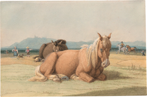 Lot 5335, Auction  119, Kobell, Wilhelm von, Liegendes Pferd mit Füllen vor dem Peissenberg
