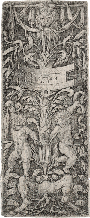 Lot 5415, Auction  119, Aldegrever, Heinrich, Ornamentpaneel mit nackten Putti über Satyrbeinen stehend