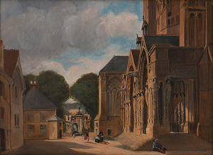 Lot 6049, Auction  119, Französisch, 1. Hälfte 19. Jh. Vorplatz einer gotischen Kathedrale mit reich skulptiertem Portal