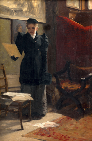 Lot 6173, Auction  119, Französisch, um 1880. Junge Frau im Künstleratelier bei der Betrachtung von Zeichnungen