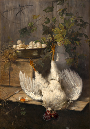 Lot 6179, Auction  119, Preuschen, Hermione von, Tierstück mit weißer Henne, Eierkorb und Hopfenranken