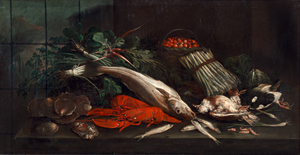 Lot 6304, Auction  119, Niederländisch, 17. Jh. Stillleben mit Hummer, Geflügel, Fischen, Gemüse und Erdbeeren