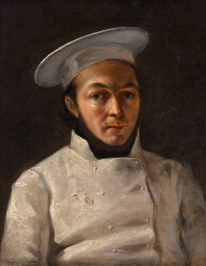 Lot 6338, Auction  119, Deutsch, um 1840. Bildnis eines Kochs in weißer Kochjacke und mit weißer Kochmütze