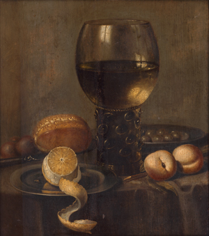 Lot 6388, Auction  119, Sant, Hans van, Stilleben mit gefülltem Römer, einer geschälten Zitrone auf einem Zinnteller, Kirschen in einer Zinnschale, Pfirsichen, Pflaumen und Brot