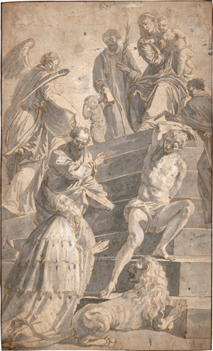 Lot 6535, Auction  119, Venezianisch, 18. Jh. . Sacra Conversazione mit dem hl. Markus und seinem Löwen