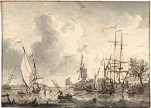 Lot 6548, Auction  119, Niederländisch, 18. Jh. Kleine Hafenszene mit Segelschiffen und Windmühle