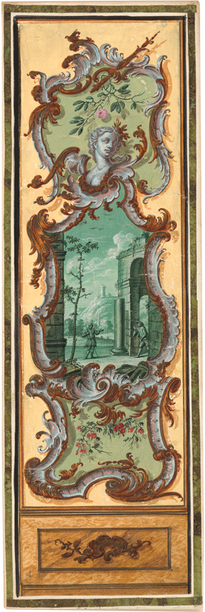 Lot 6559, Auction  119, Oberitalienisch, 18. Jh. Wandaufriss mit Rocaille-Kartusche und figürlicher Szene