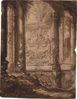 Lot 6563, Auction  119, Italienisch, 18. Jh. Blick in eine ruinöse Kapelle mit Sarkophag
