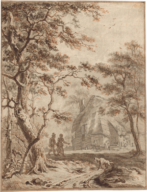 Lot 6583, Auction  119, Niederländisch, 18. Jh. Hütte mit Wäscherin am Brunnen und zwei Wanderer mit Hund