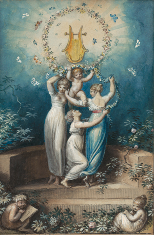 Lot 6626, Auction  119, Ramberg, Johann Heinrich, Titelblattentwurf: Die drei Grazien mit Amor umkränzen eine Lyra