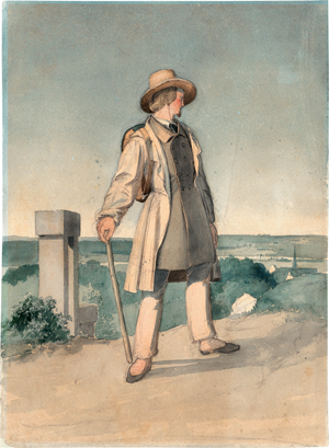 Lot 6631, Auction  119, Deutsch, um 1850. Reisender mit Tornister, den letzten Blick auf das Heimatdorf werfend