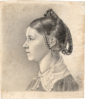Lot 6656, Auction  119, Wagner, Friedrich, Profilbildnis einer jungen Frau mit hochgesteckten, geflochtenen Zöpfen und Kristallohringen