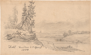 Lot 6683, Auction  119, Dahl, Johann Christian Clausen, Flusslandschaft mit einem baumbestandenen Steilufer und Blick auf einen Bergsee