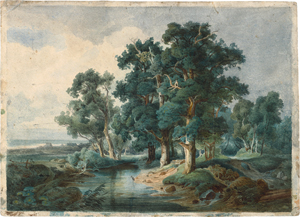 Lot 6688, Auction  119, Preller, Friedrich d. Ä., Eichengruppe an einem Priel mit Reiher, im HIntergrund die Ostsee