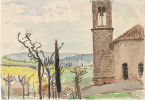 Lot 6754, Auction  119, Klinger, Max, Campanile und Chor einer Kirche in toskanischer Hügellandschaft