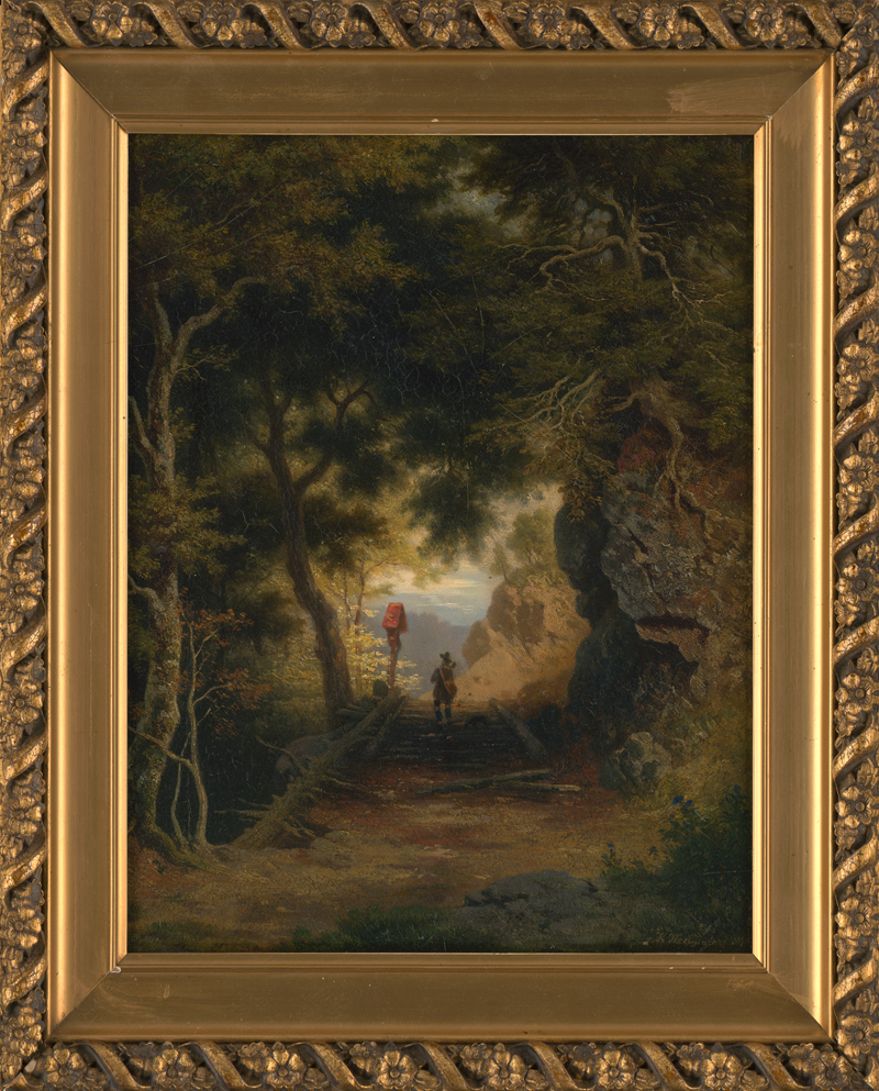 Lot 6267, Auction  119, Heilmayer, Karl, Jäger mit Hund auf einer Brücke mit Wegkreuz in bewaldeter Berglandschaft