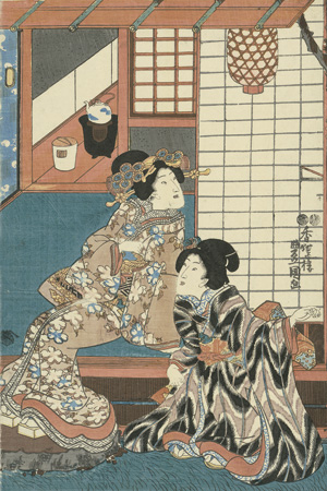Lot 508, Auction  120, Kunisada, Utagawa, Bijin-ga. Zwei vornehme junge Japanerinnen im Gespräch beim Tee. 