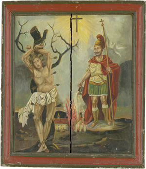 Lot 1567, Auction  120, Martyrium des Heiligen Sebastian, und Heiliger Florian. Retabel süddeutscher Volkskunst.