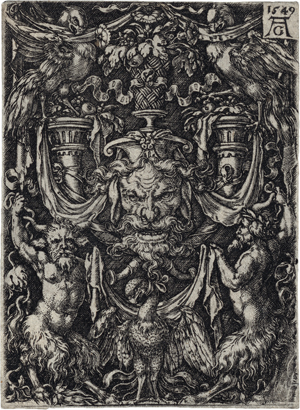 Lot 5007, Auction  120, Aldegrever, Heinrich, Ornamententwurf mit Maske und Adler zwischen zwei Faunen