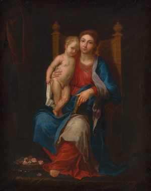 Lot 6015, Auction  120, Französisch, 18. Jh. Maria mit dem Kind auf einem Thron sitzend und mit einem Blumenkorb zu den Füßen