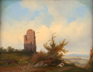Lot 6139, Auction  120, Triebel, Carl, Rastender Wanderer bei einem Turm in einer weiten Landschaft