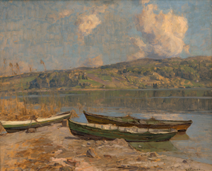 Lot 6251, Auction  120, Curry, Robert Franz, Sommerliche Landschaft: Kähne am Ufer eines oberbayerischen Sees