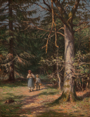 Lot 6270, Auction  120, Schiøttz-Jensen, Niels Frederik, Bäuerin mit Knaben auf einem Waldweg
