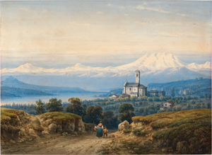 Lot 6784, Auction  120, Renica, Giovanni, Blick auf eine Kirche an einem oberitalienischen See im Frühling mit schneebedeckten Alpen