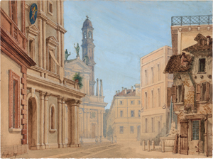 Lot 6800, Auction  120, Fanfani, Alfonso, Bühnenbildentwurf einer italienische Piazza mit Kirche, Palazzo und mittelalterlichem Haus