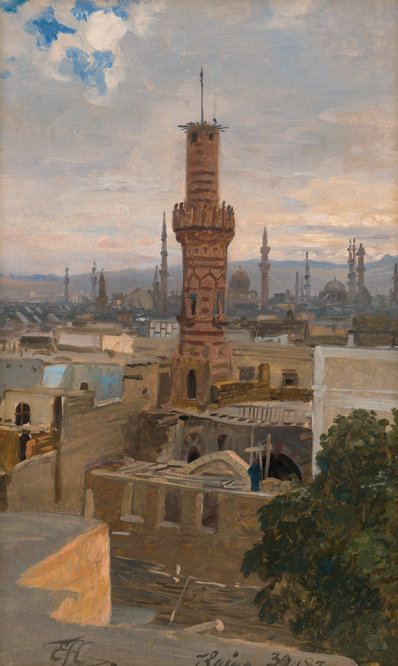 Lot 6153, Auction  120, Koerner, Ernst Carl Eugen, Blick über die Dächer von Kairo mit zahlreichen Minaretten und Moscheen aus dem Sheppard Hotel