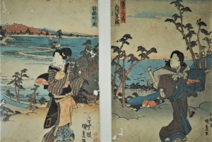 Lot 678, Auction  121, Kunisada, Utagawa, Bijin-ga. Diptychon mit 2 kleinformatigeren Ukiyo-e Farbholzschnitten