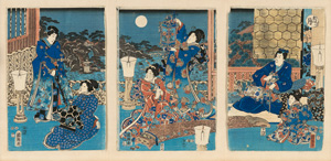 Lot 680, Auction  121, Kunisada, Utagawa, Triptychon - Nigatsu -  Jûnika tsuki no uchi (japonice: Frühlingsmond. Die 12-Monats-Bilder)