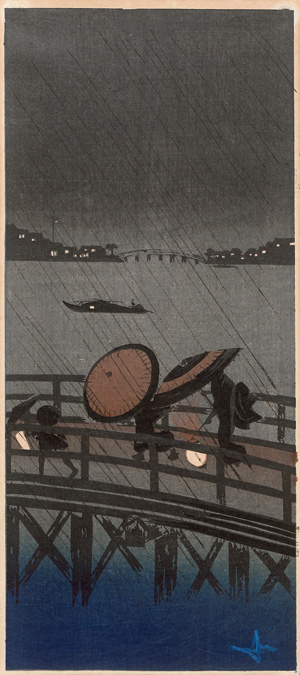Lot 701, Auction  121, Regenszene, Ukiyo-e Farbholzschnitt. 36,5 x 13,5 cm. Japan um 1900