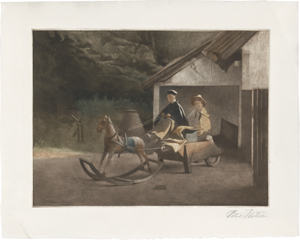 Lot 5340, Auction  121, Ilsted, Peter, Ein Junge und ein Mädchen mit einem Holzpferd spielend.
