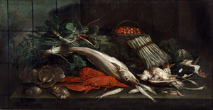 Lot 6013, Auction  121, Niederländisch, 17. Jh. Stillleben mit Hummer, Geflügel, Fischen, Gemüse und Erdbeeren