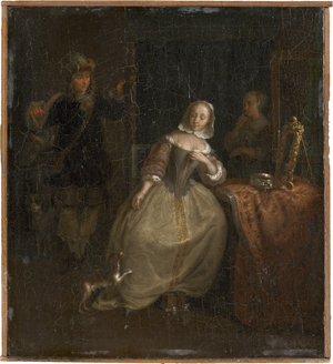 Lot 6014, Auction  121, Metsu, Gabriel - nach, Jäger und junge Frau mit Hündchen vor ihrem Frisiertisch, im Hintergrund eine Dienerin