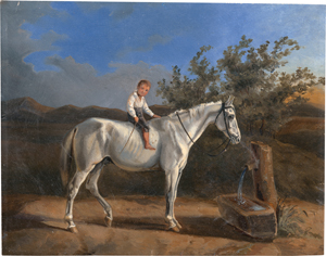 Lot 6044, Auction  121, Deutsch, um 1830. Stolzer Bauernbub mit Gerte und ohne Sattel auf einem Schimmel