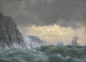Lot 6123, Auction  121, Dänisch, 19. Jh. Stürmische See mit Segelschiff vor steilen Klippen