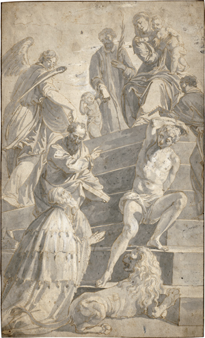 Lot 6632, Auction  121, Venezianisch, 18. Jh. . Sacra Conversazione mit dem hl. Markus und seinem Löwen